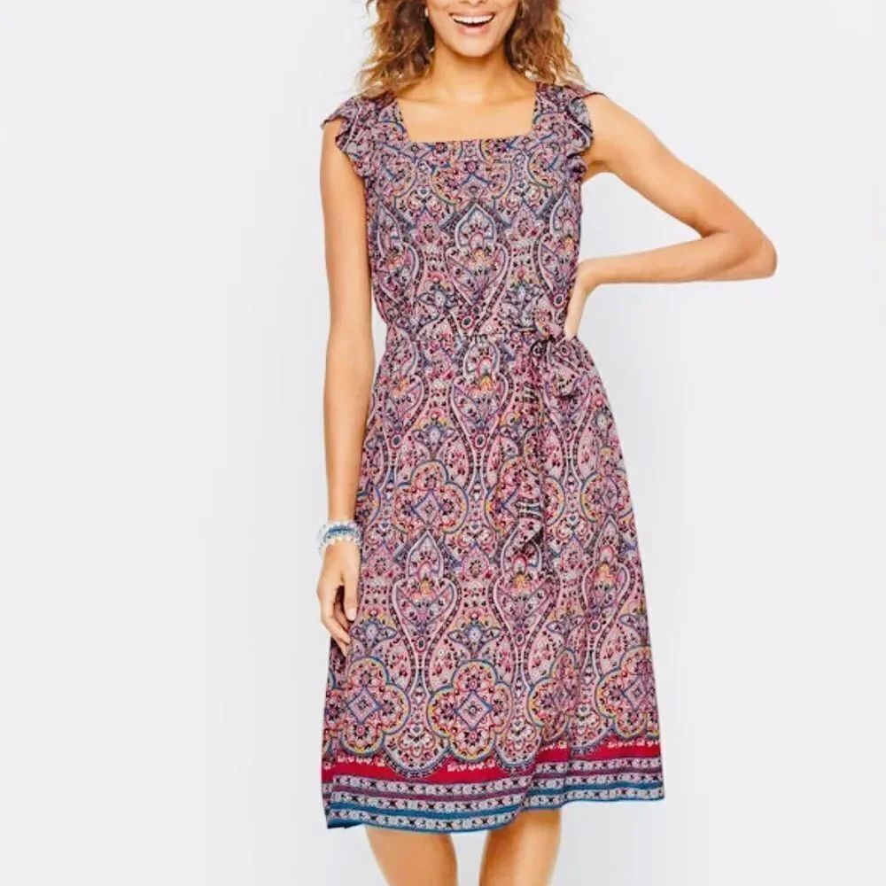 Talbots Majestic Medallion Floral Ruffle Cap Sleeve Tie Waist Pinafore Dress